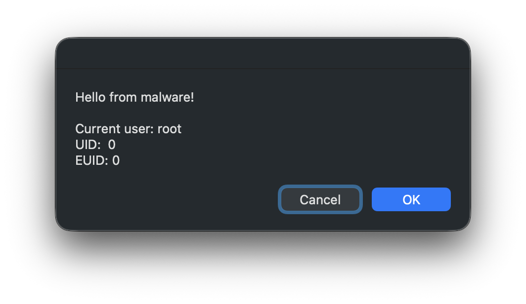 An AppleScript alert showing it is called by the root user.